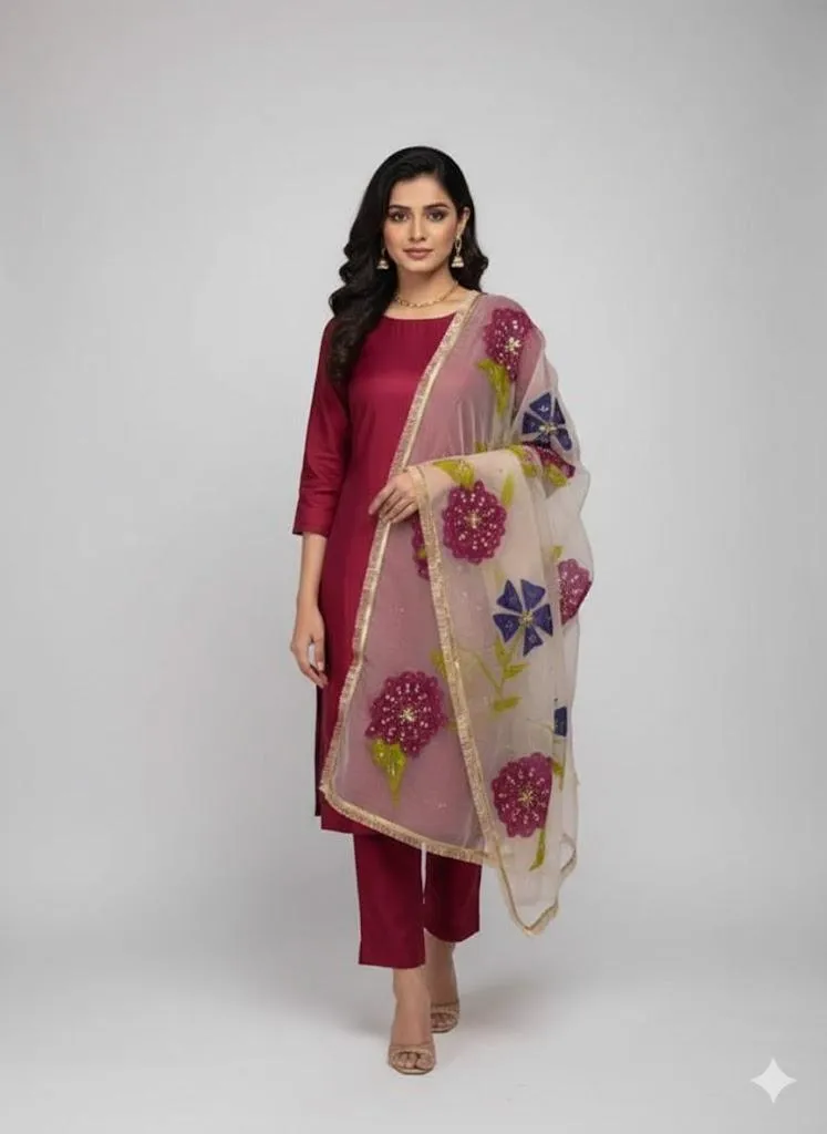 Women's Unstitched Suit 3 Piece | Organza Hand Painted Brush Work & Heavy Nagina Work Dupatta | Kattan Silk Shirt & Trouser | Customized