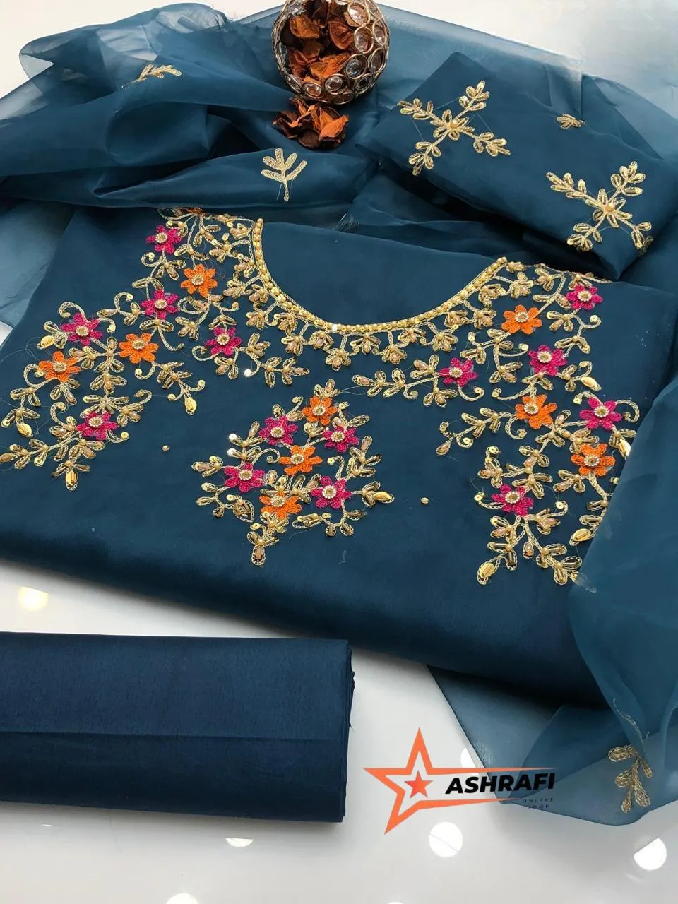 3 Piece Unstitched Dress for Women's Party Wear Organza Embroidered Suit Handmade Aari & Zari Work Kataan Silk Trouser