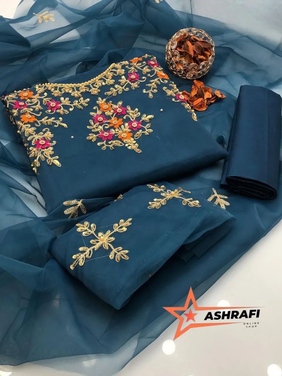 3 Piece Unstitched Dress for Women's Party Wear Organza Embroidered Suit Handmade Aari & Zari Work Kataan Silk Trouser