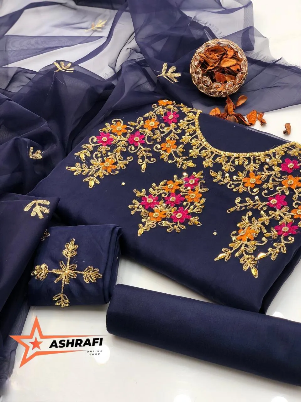 3 Piece Unstitched Dress for Women's | Party Wear | Organza Embroidered Suit | Handmade Aari & Zari Work | Kataan Silk Trouser