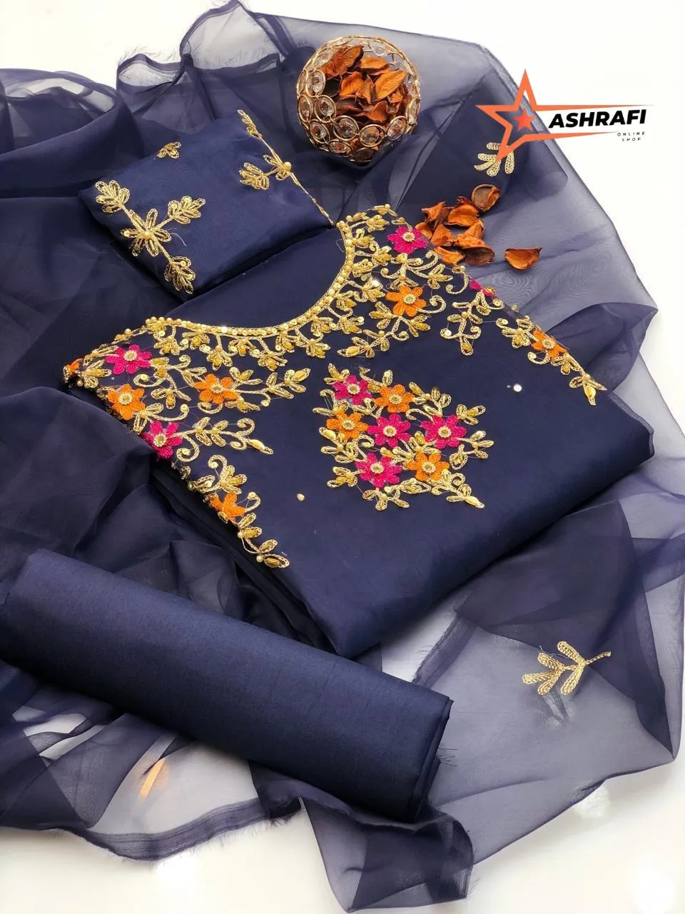 3 Piece Unstitched Dress for Women's | Party Wear | Organza Embroidered Suit | Handmade Aari & Zari Work | Kataan Silk Trouser