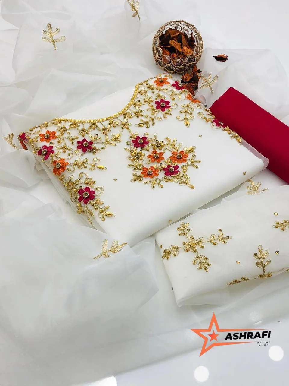 3 Piece Unstitched Dress for Women's | Party Wear | Organza Embroidered Suit | Handmade Aari & Zari Work | Kataan Silk Trouser
