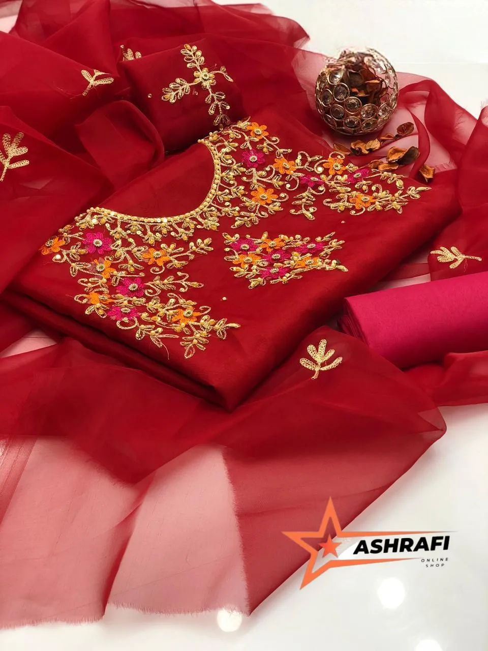 3 Piece Unstitched Dress for Women's | Party Wear | Organza Embroidered Suit | Handmade Aari & Zari Work | Kataan Silk Trouser