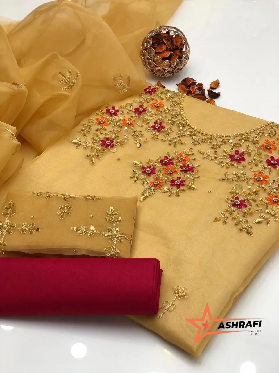3 Piece Unstitched Dress for Women's | Party Wear | Organza Embroidered Suit | Handmade Aari & Zari Work | Kataan Silk Trouser | Customized