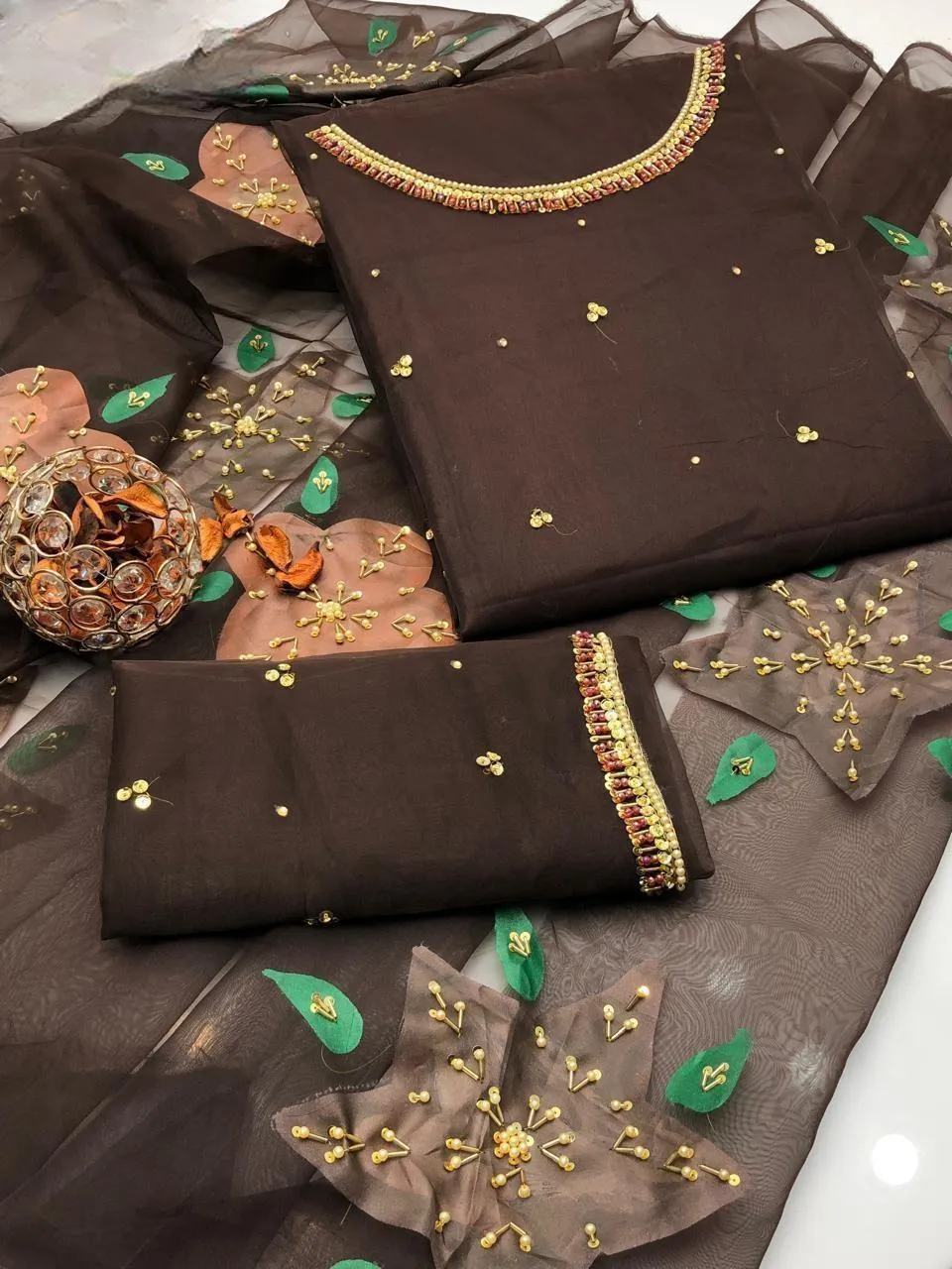 Women's Unstitched Dress - Handmade Oil Paint & Zaree Beads Suit – 2 Piece (Shirt + Dupatta)