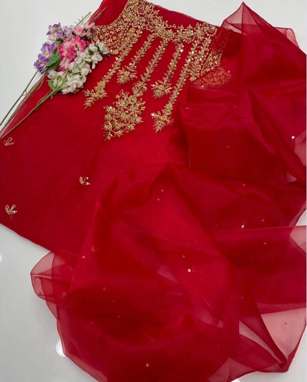 2Pc Women's Unstitched Suit - Premium Organza with Tilla, Aari & Beads Handmade Embroidery Shirt - Organza with Delicate Mini Bunches Embroidery Dupatta - Customized