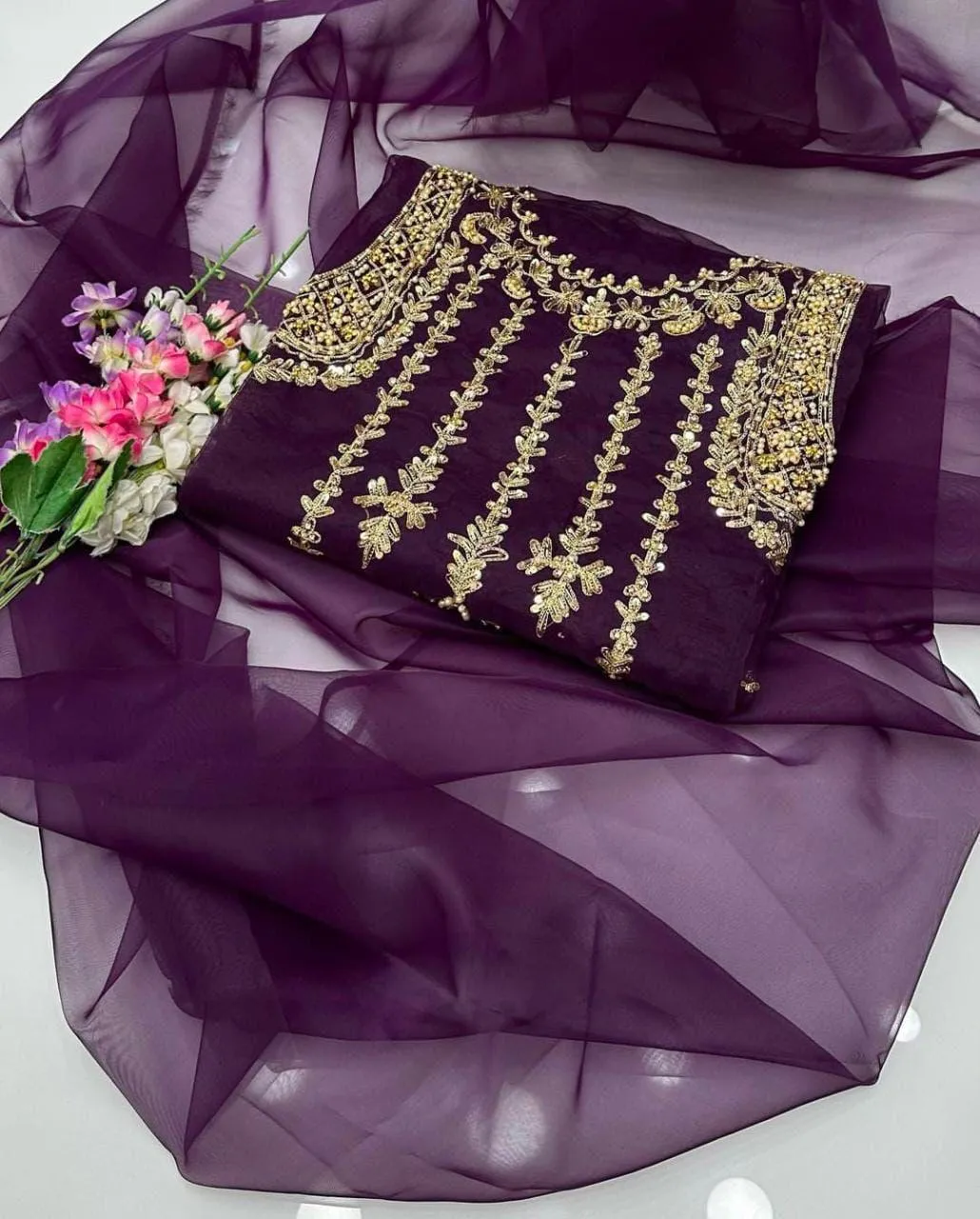 2Pc Women's Unstitched Suit - Premium Organza with Tilla, Aari & Beads Handmade Embroidery Shirt - Organza with Delicate Mini Bunches Embroidery Dupatta - Customized