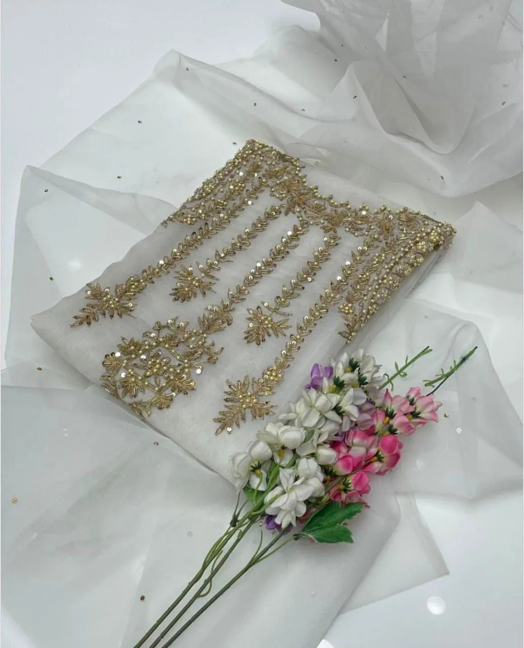 2Pc Women's Unstitched Suit - Premium Organza with Tilla, Aari & Beads Handmade Embroidery Shirt - Organza with Delicate Mini Bunches Embroidery Dupatta - Customized