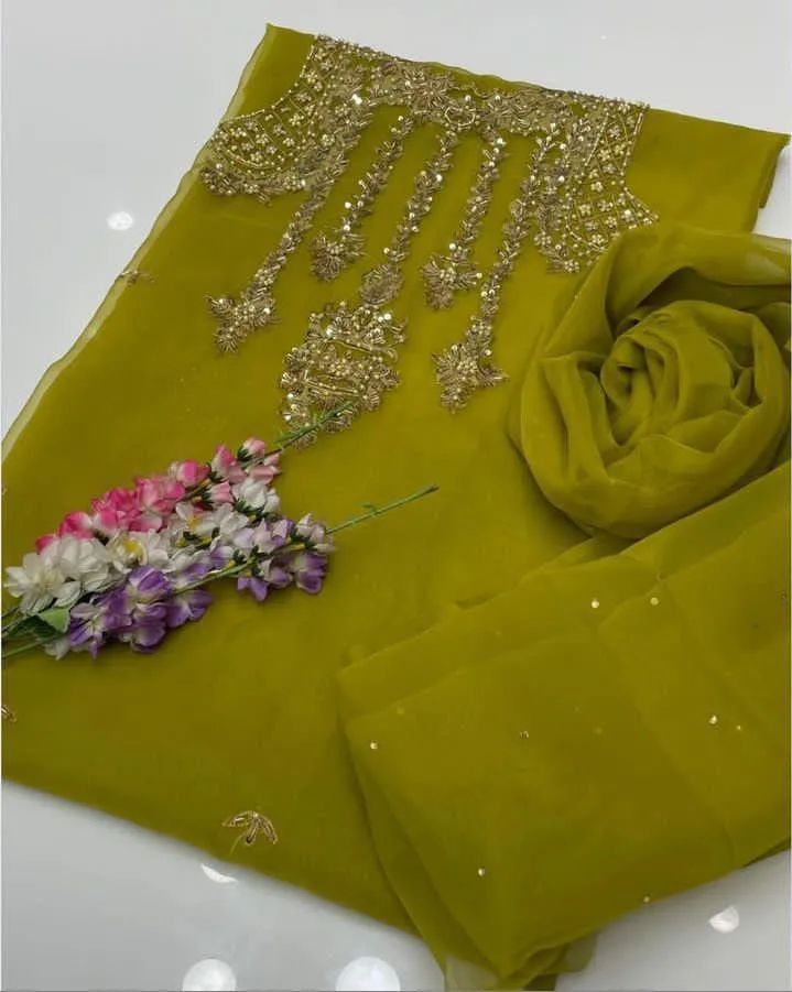 2Pc Women's Unstitched Suit - Premium Organza with Tilla, Aari & Beads Handmade Embroidery Shirt - Organza with Delicate Mini Bunches Embroidery Dupatta - Customized