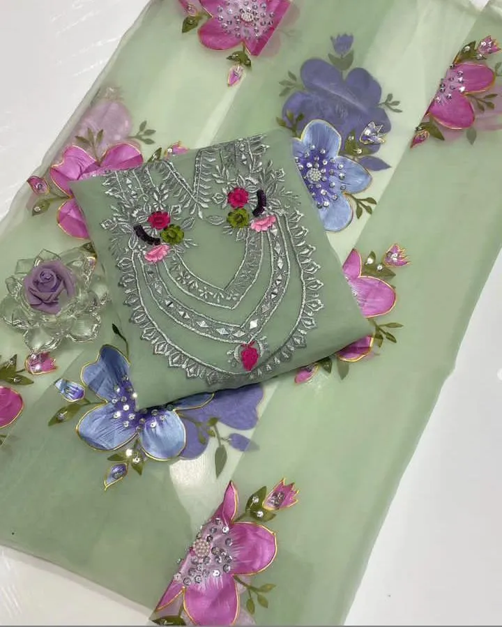 2Pc Women's Unstitched Suit - Wedding Collection - Organza Embroidered Shirt - 3D Brush Paint Sequence Handmade Work 13 Bunches Dupatta - Customized