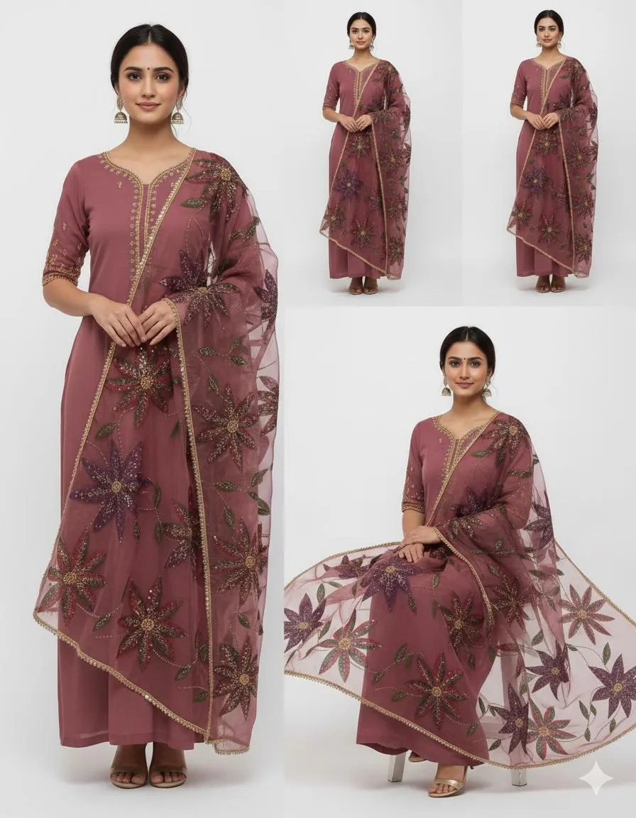 Party Wear Suit Unstitched | Dress for Women | 2 Piece Dress with Handwork Stone & Beadwork Organza Shirt and Zari Beadwork Dupatta | Customized