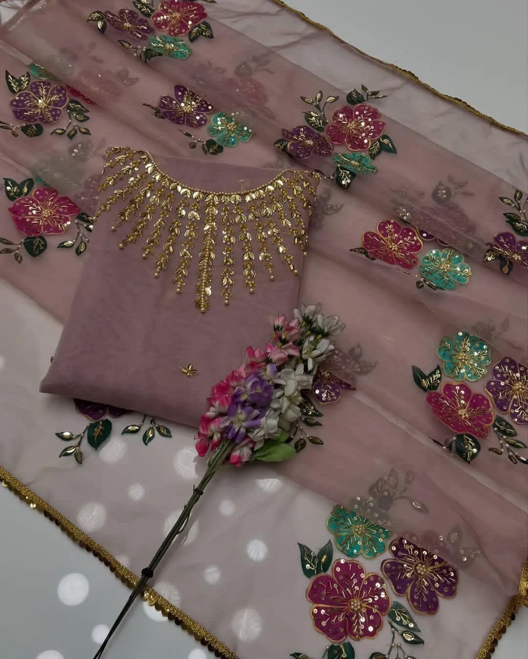 Women’s Party Wear Suit Unstitched | Dress for Women | 2 Piece Dress with Handwork Stone & Beadwork Organza Shirt and Zari Beadwork Dupatta | Customized