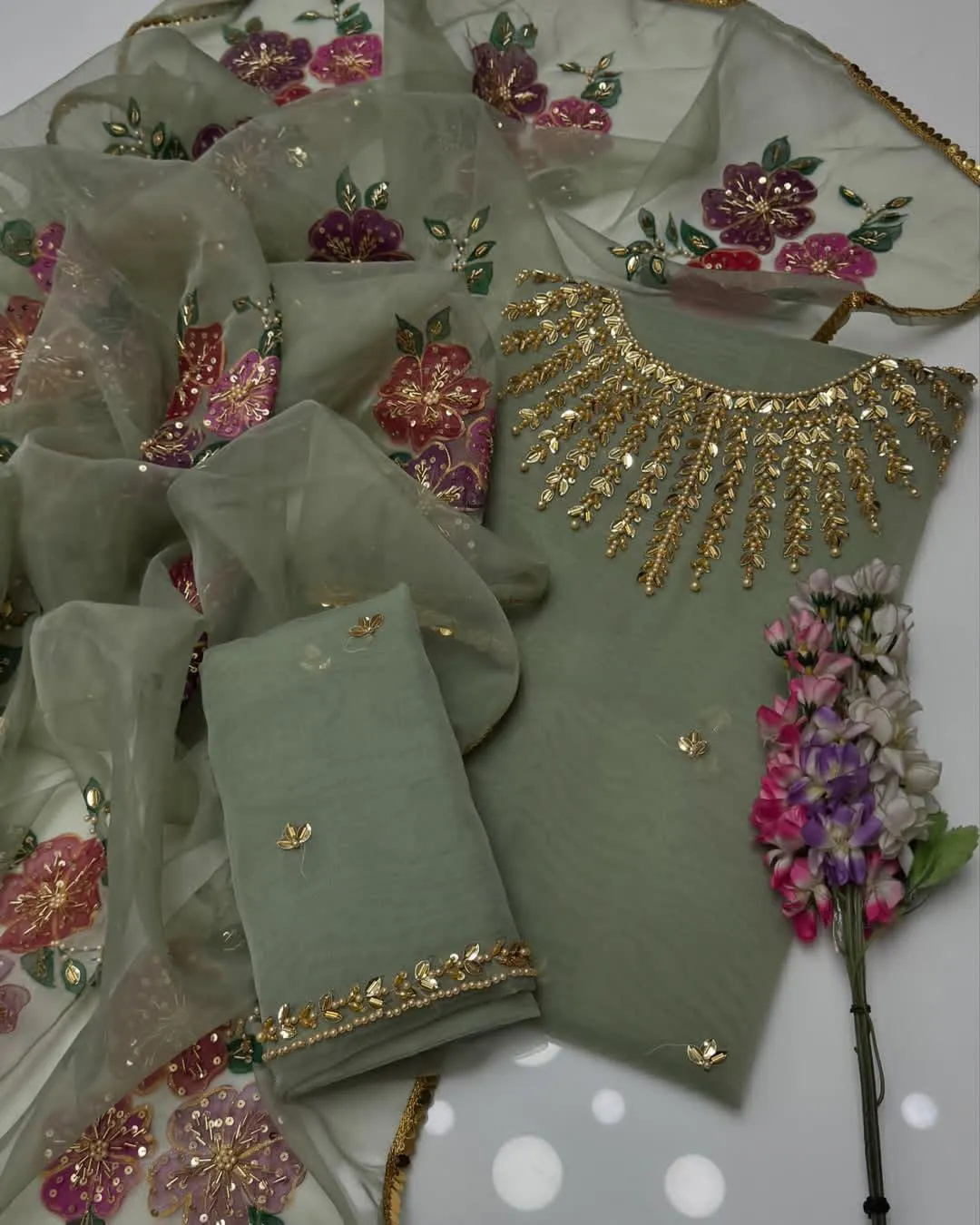 Women’s Party Wear Suit Unstitched | Dress for Women | 2 Piece Dress with Handwork Stone & Beadwork Organza Shirt and Zari Beadwork Dupatta | Customized