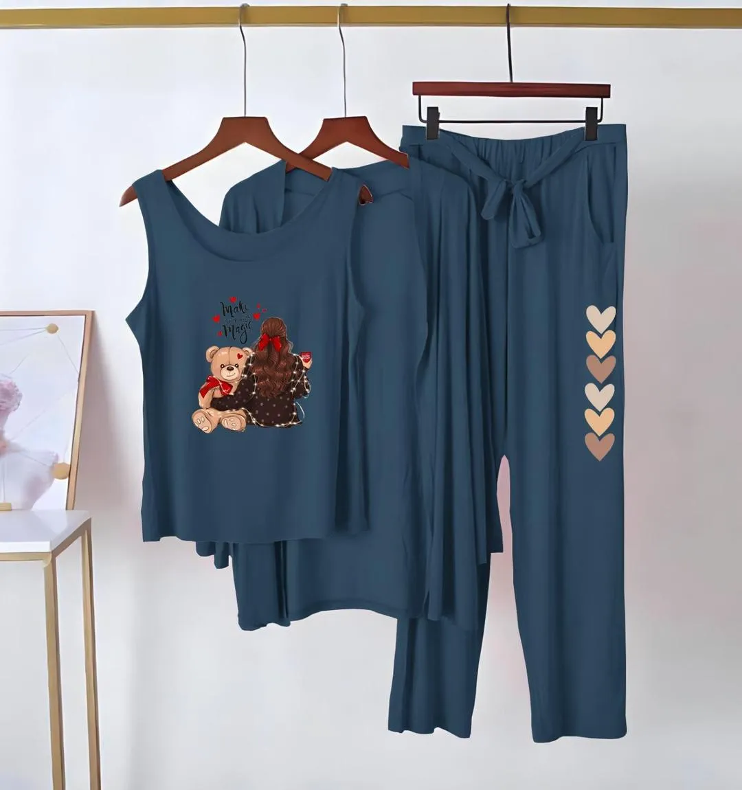 3 Pcs Women's Stitched Jersey Printed Night Suit