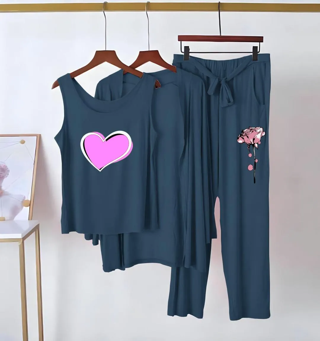 3 Pcs Women's Stitched Jersey Printed Night Suit