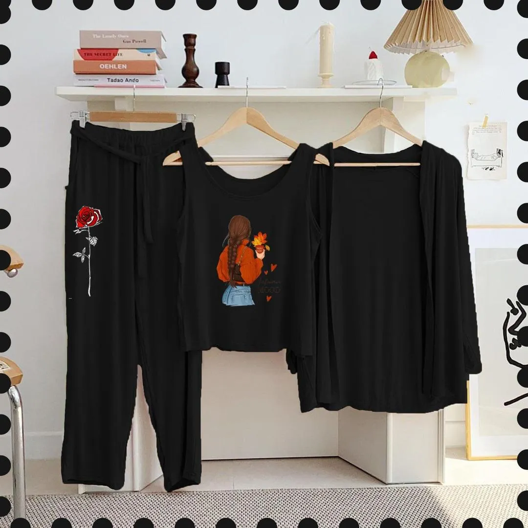 3 Pcs Women's Stitched Jersey Printed Night Suit