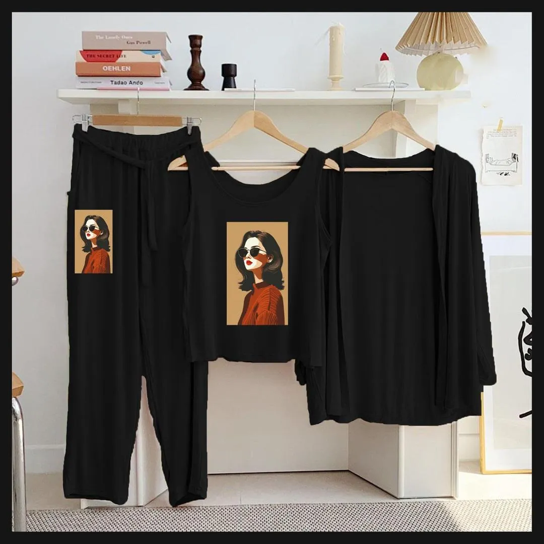 3 Pcs Women's Stitched Jersey Printed Night Suit