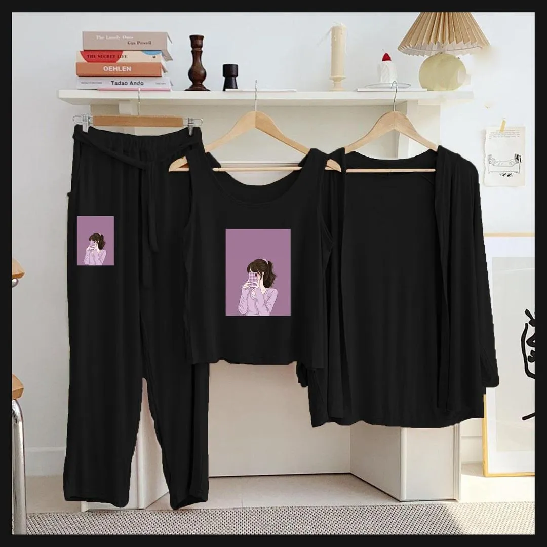 3 Pcs Women's Stitched Jersey Printed Night Suit