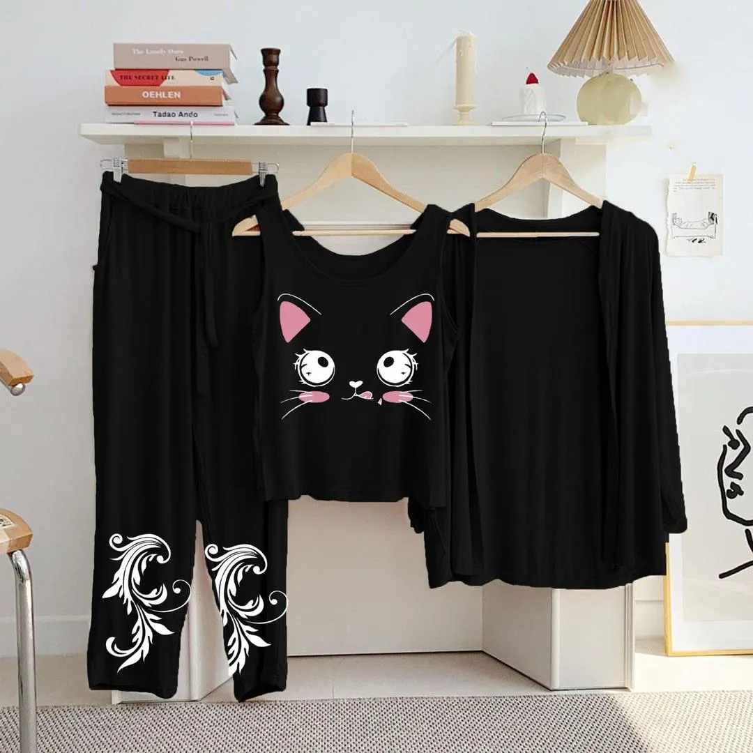 3 Pcs Women's Stitched Jersey Printed Night Suit