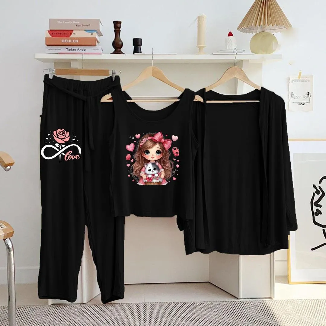 3 Pcs Women's Stitched Jersey Printed Night Suit