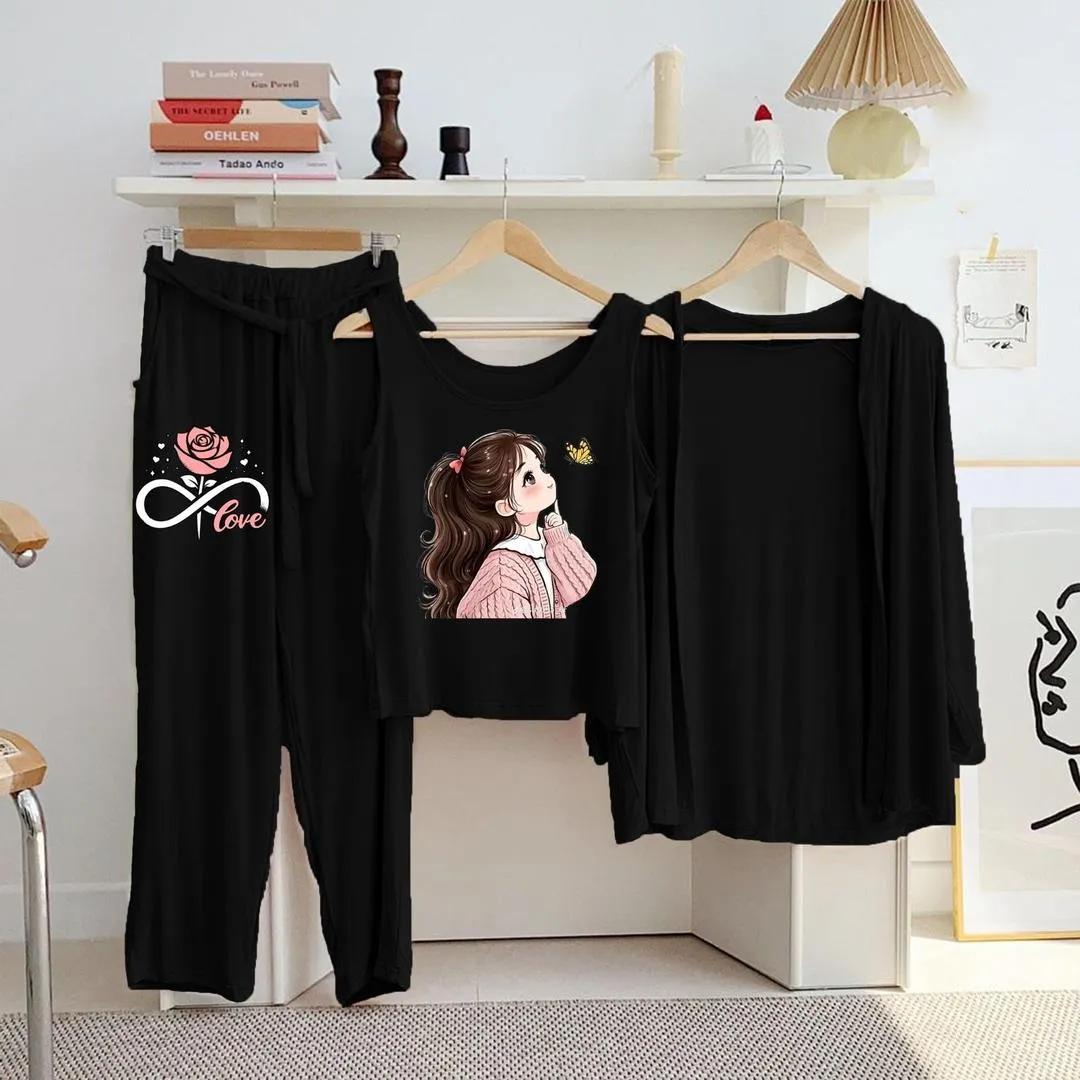 3 Pcs Women's Stitched Jersey Printed Night Suit