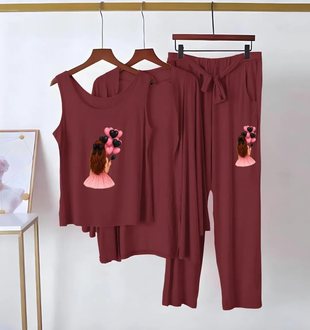 3 Pcs Women's Stitched Jersey Printed Night Suit