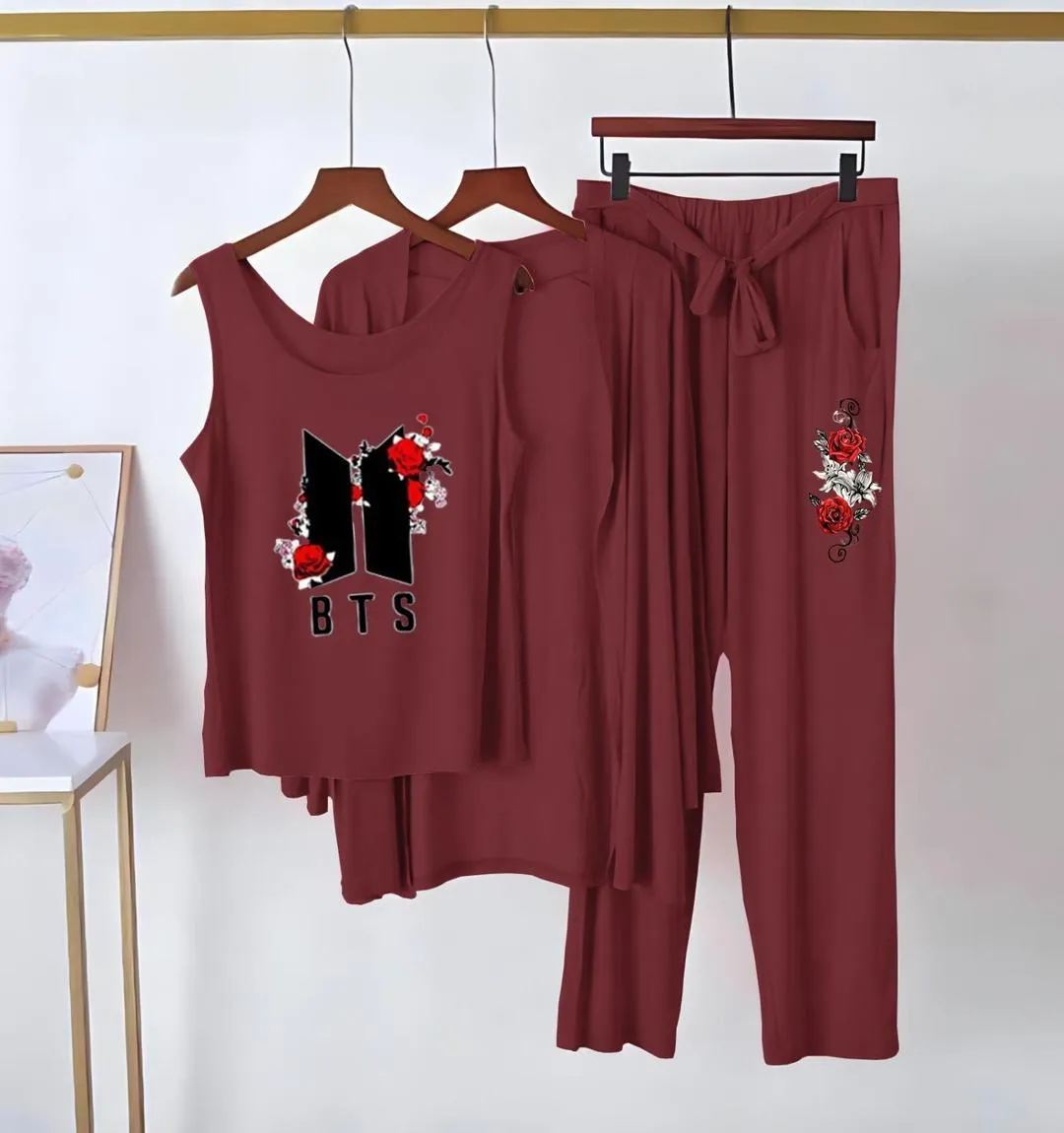 3 Pcs Women's Stitched Jersey Printed Night Suit