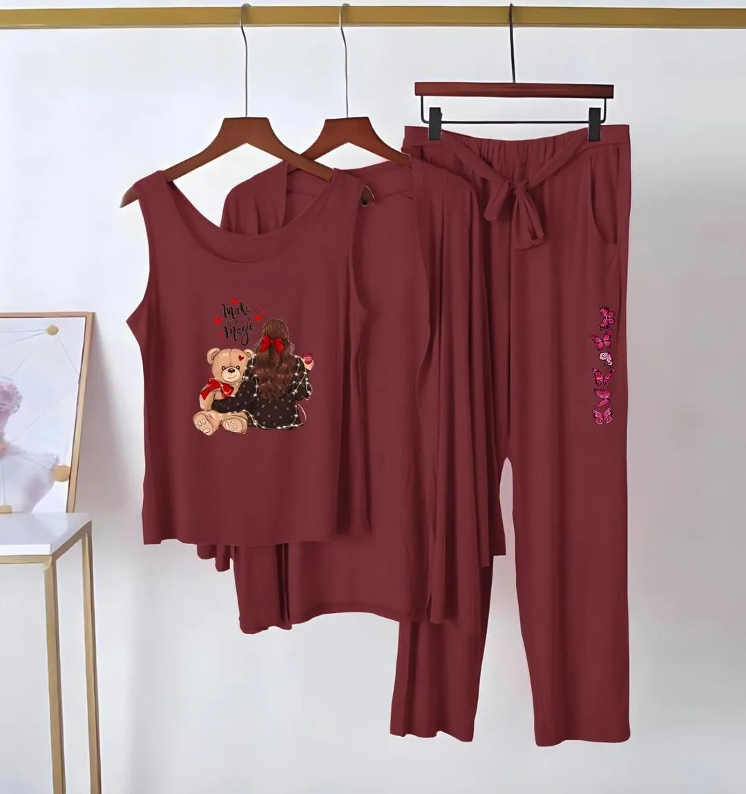 3 Pcs Women's Stitched Jersey Printed Night Suit