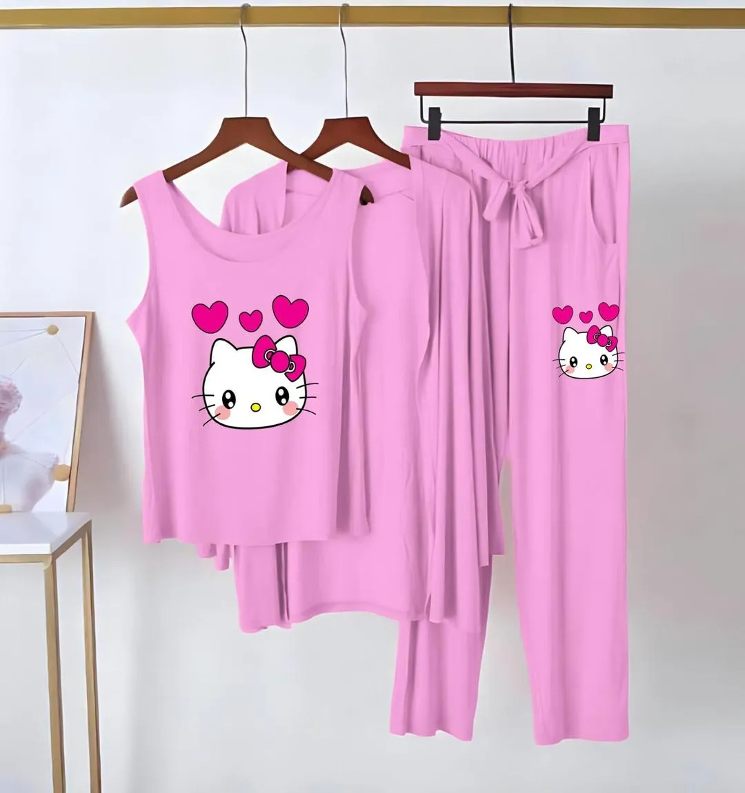 3 Pcs Women's Stitched Jersey Printed Night Suit