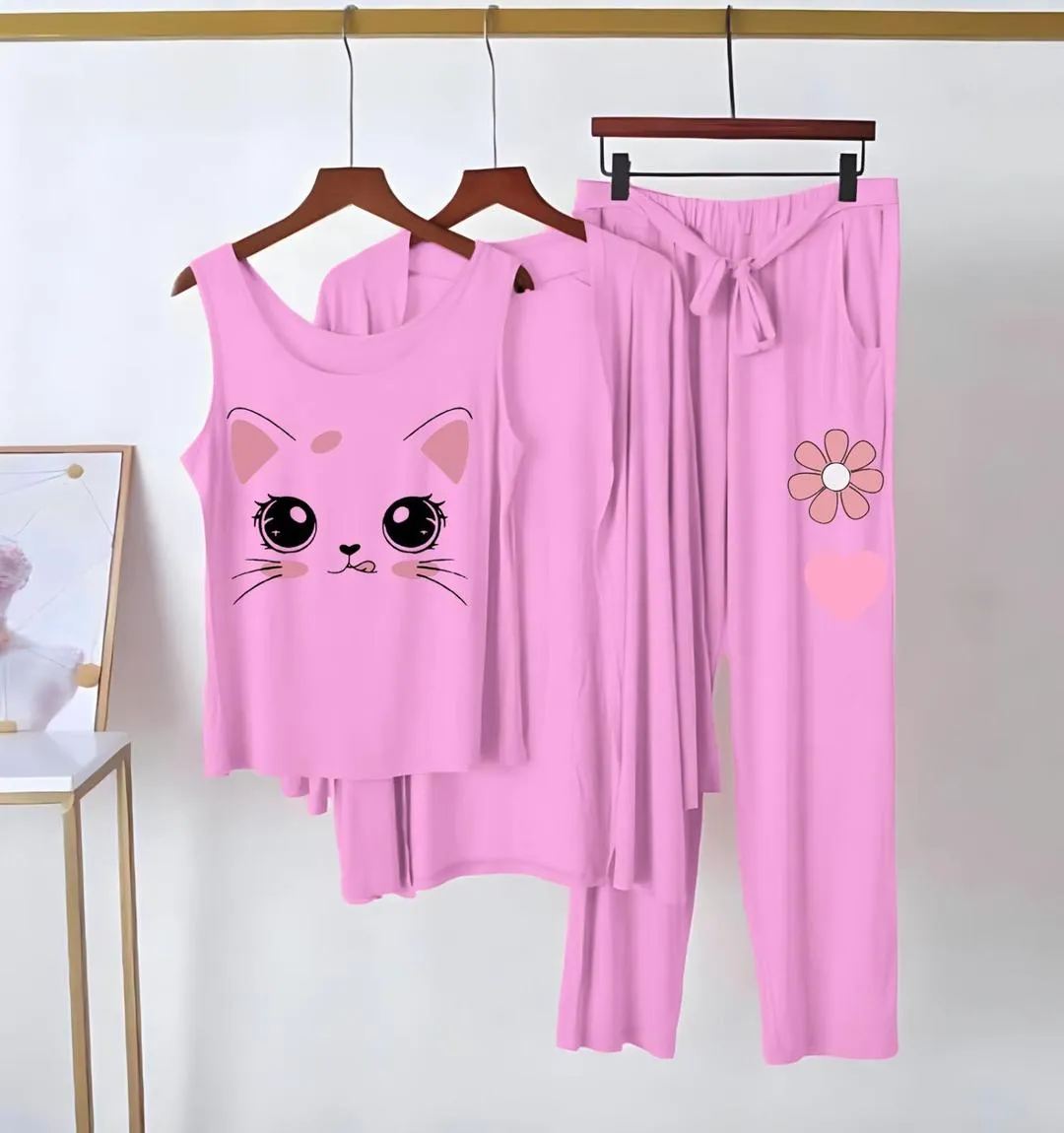 3 Pcs Women's Stitched Jersey Printed Night Suit