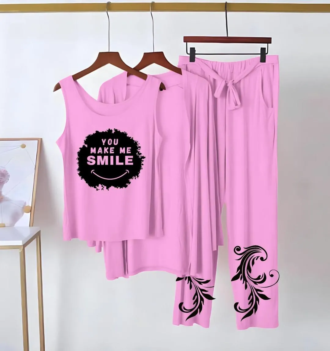 3 Pcs Women's Stitched Jersey Printed Night Suit