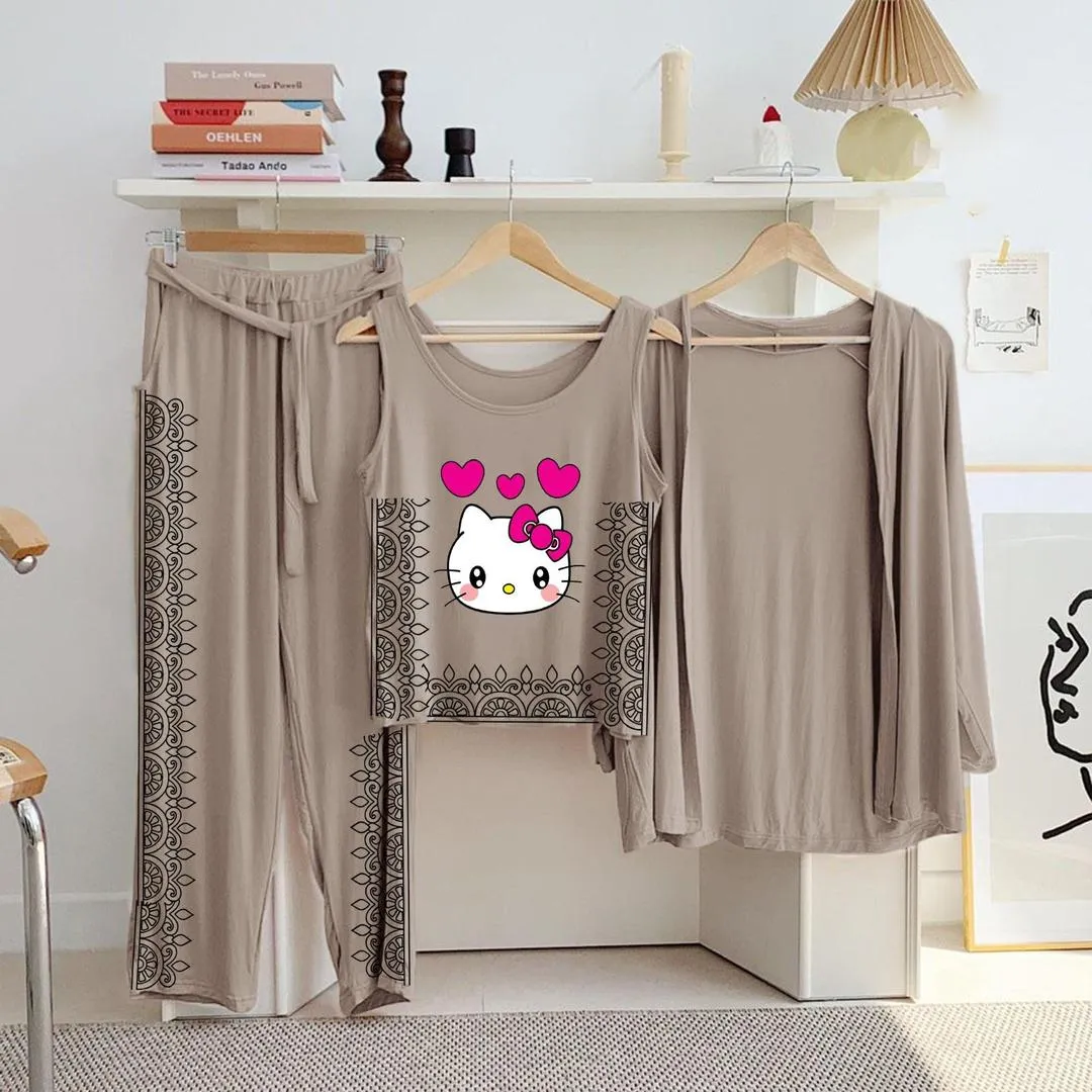 3 Pcs Women's Stitched Jersey Printed Night Suit