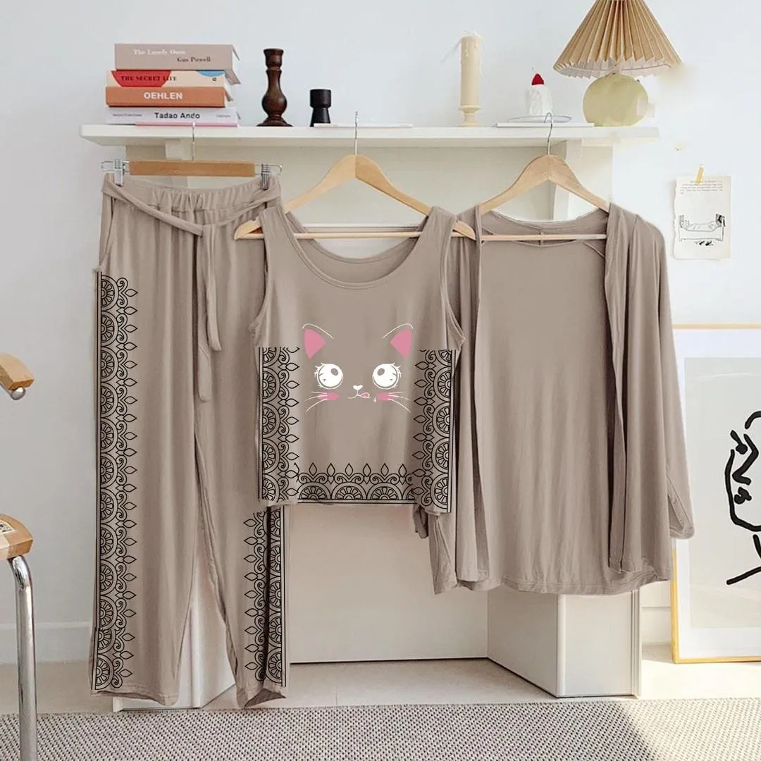 3 Pcs Women's Stitched Jersey Printed Night Suit