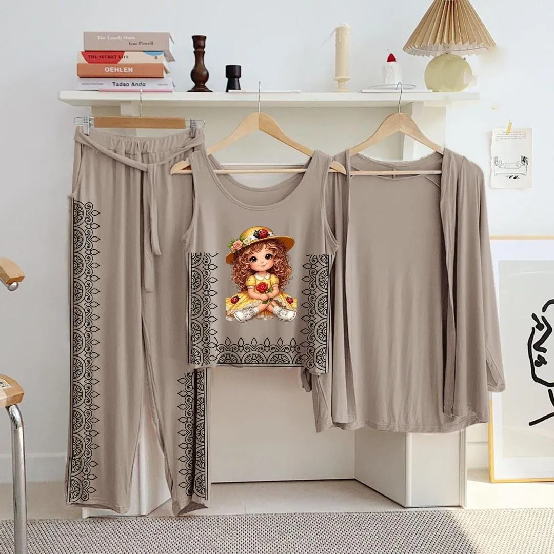 3 Pcs Women's Stitched Jersey Printed Night Suit