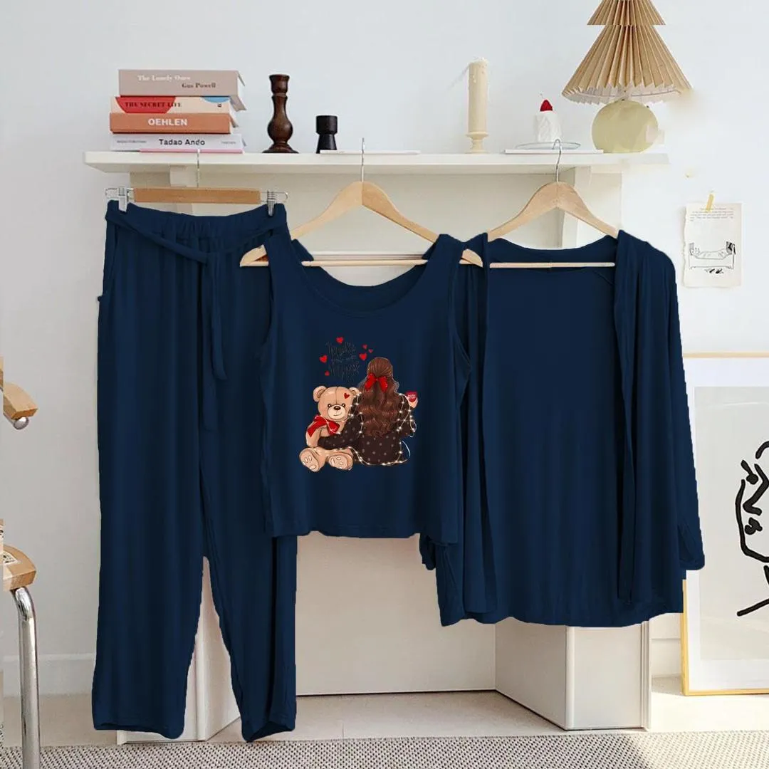 3 Pcs Women's Stitched Jersey Printed Night Suit