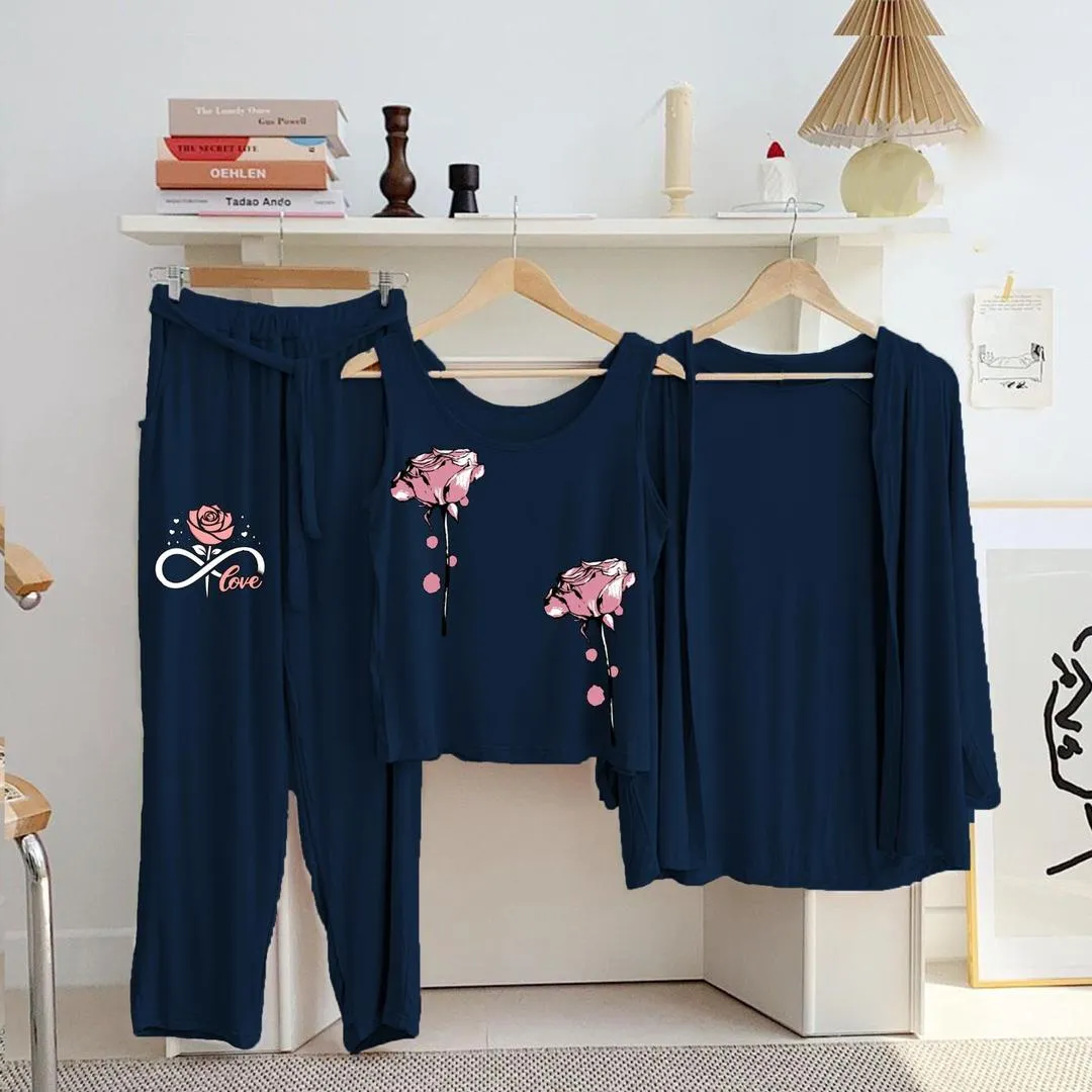 3 Pcs Women's Stitched Jersey Printed Night Suit