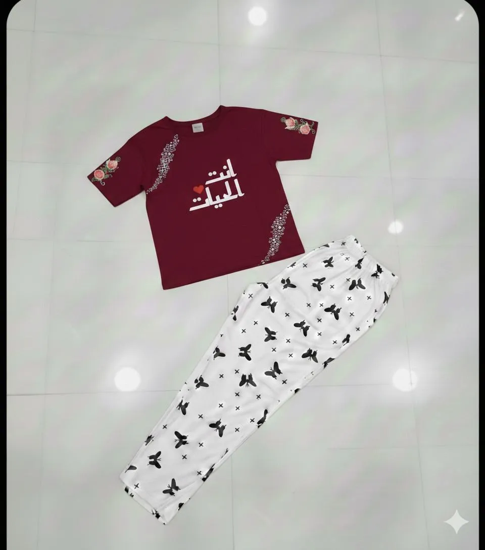 Maroon Printed Women's Night Suit 2Pcs Jersey Medium to XL