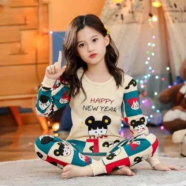2 Pcs Girl's Stitched Cotton Jersey Printed Night Suit