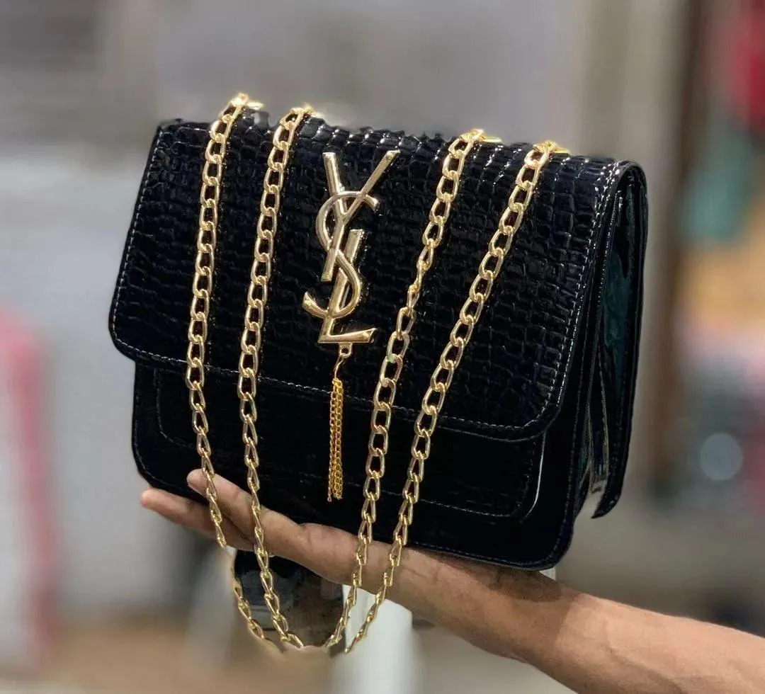 Black Croc Leather YSL Chain Shoulder Bag for Women