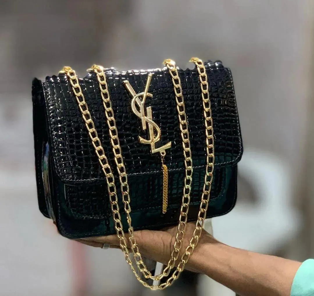 Black Croc Leather YSL Chain Shoulder Bag for Women