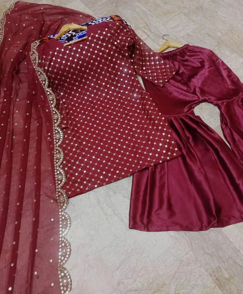 3 Pcs Women's Stitched Chiffon Embroidered Suit