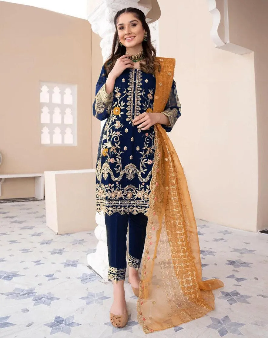3 Pcs Women's Stitched Organza Embroidered Suit