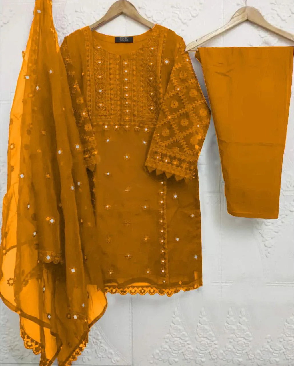 3 Pcs Women's Stitched Organza Embroidered Suit