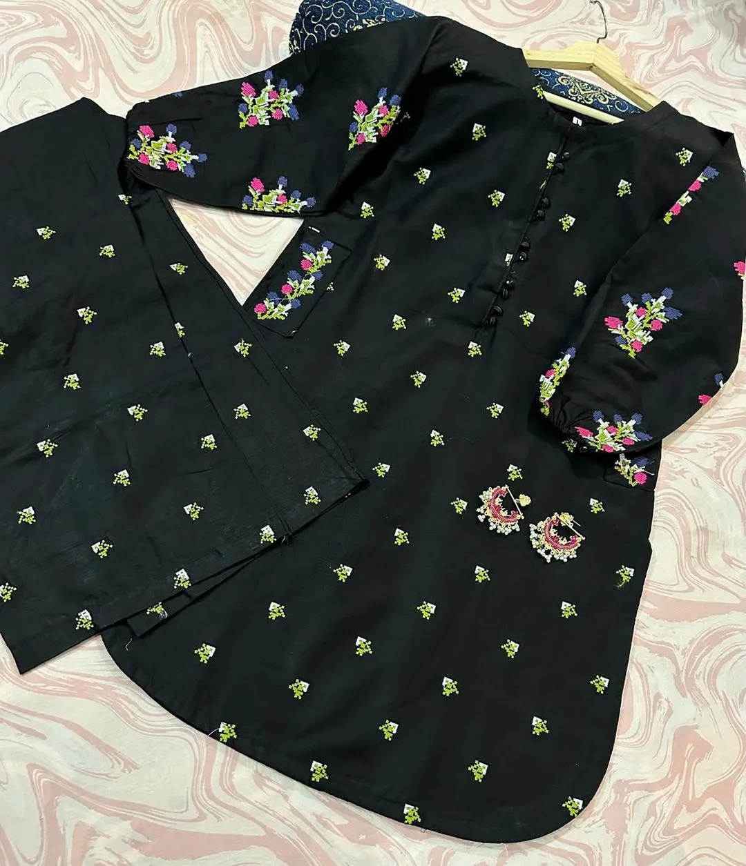 2 Pcs Women's Stitched Linen Embroidered Shirt And Trouser