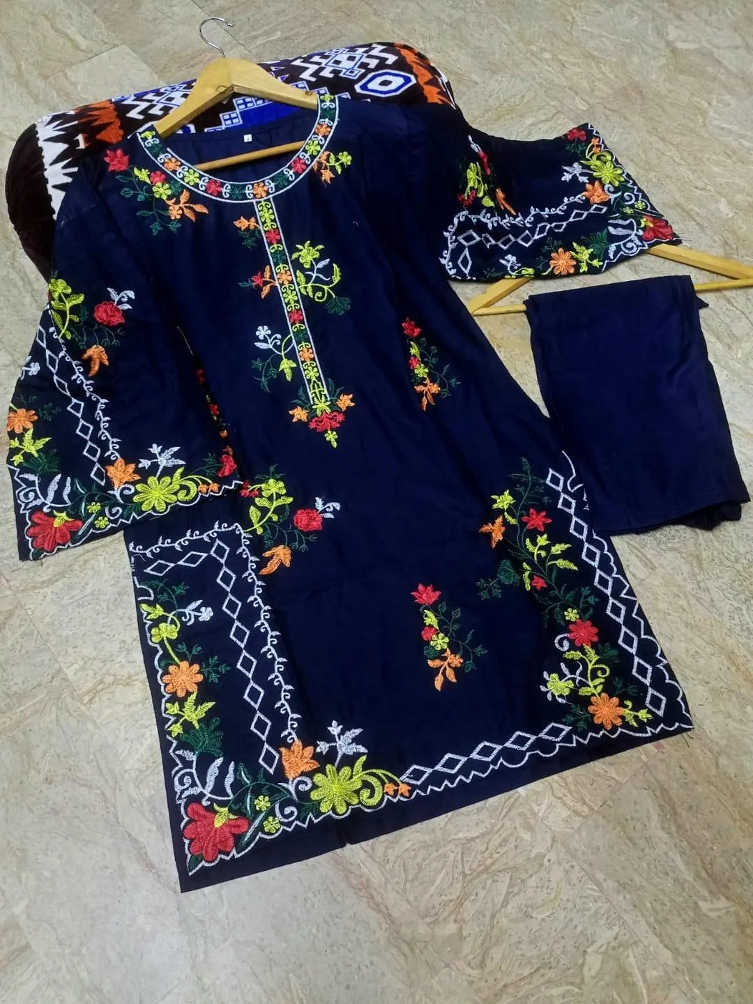 2 Pcs Women's Stitched Linen Embroidered Shirt And Trouser