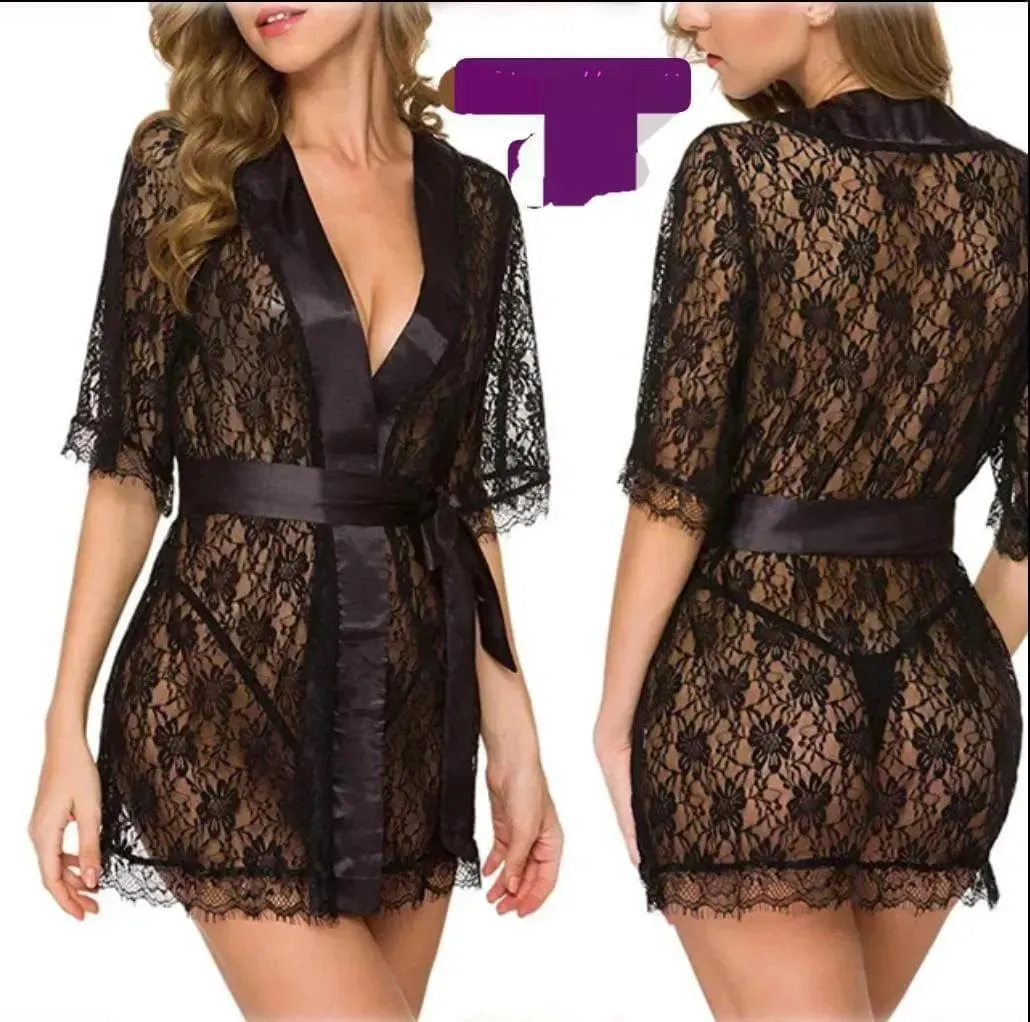 2 Pcs Women's Stitched Silk Lace-Work Night Gown