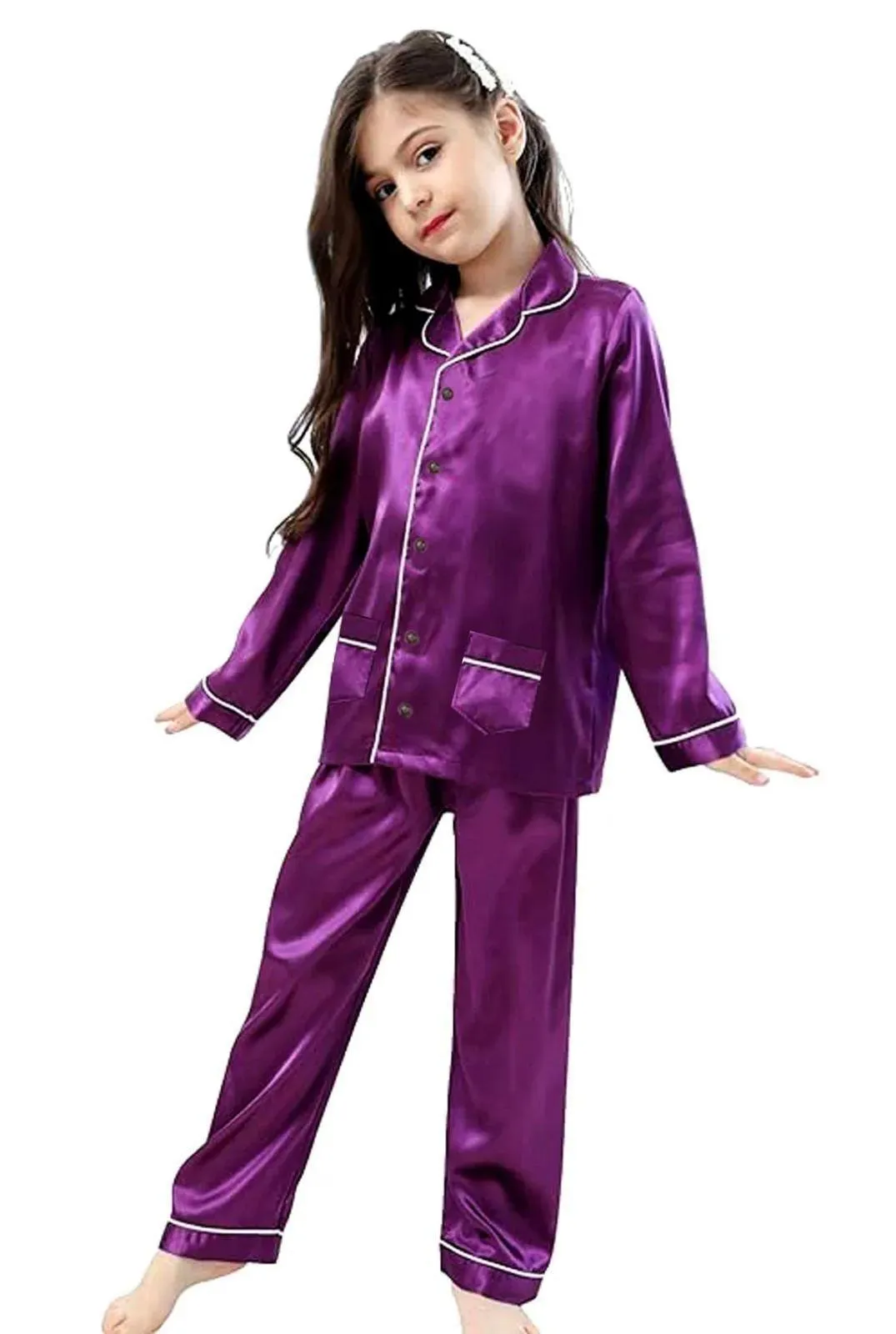 2 Pcs Girl's Stitched Polyester Plain Night Suit