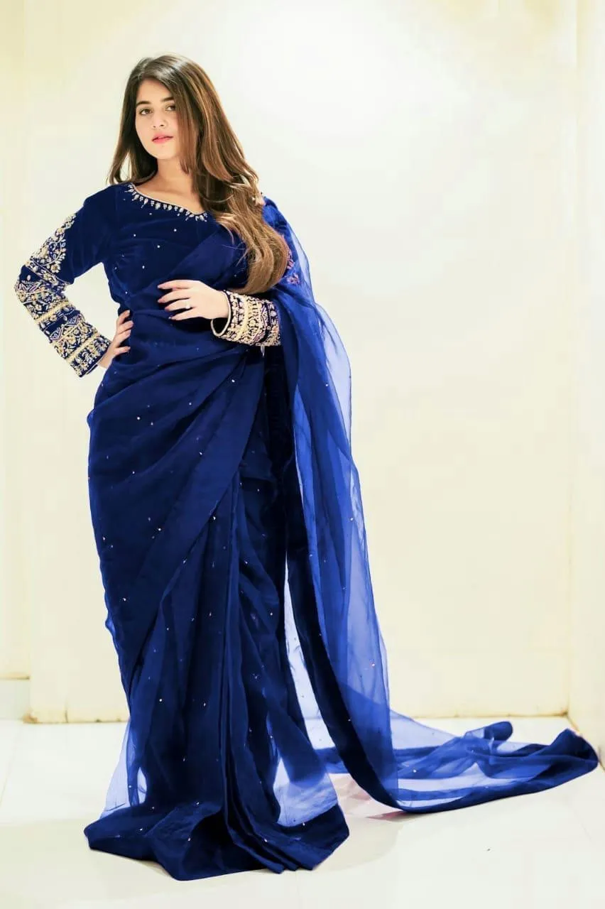 3 Pcs Women’s Chiffon Embroidered Stitched Saree