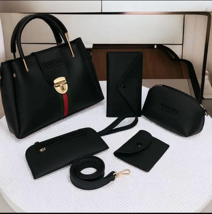 Women's Leather Handbag Set 5pcs Lock Style Black Brown Maroon Beige