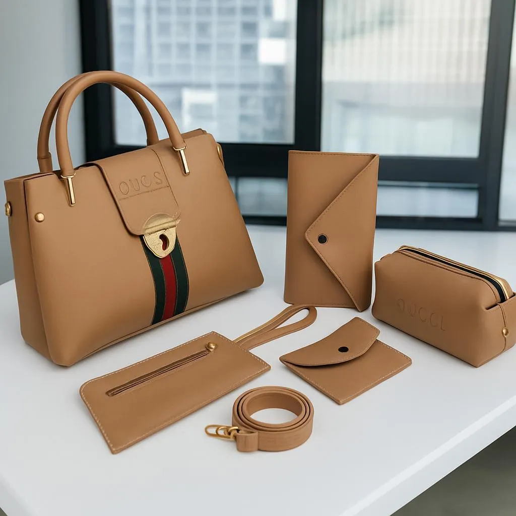 Women's Leather Handbag Set 5pcs Lock Style Black Brown Maroon Beige